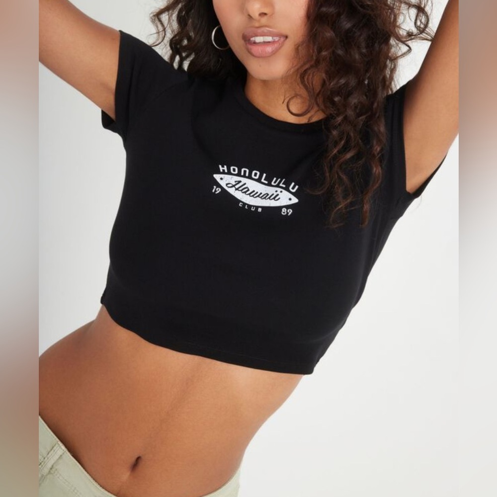 Garage Stormi Tee Black Honolulu Hawaii Graphic Crop Top Size S